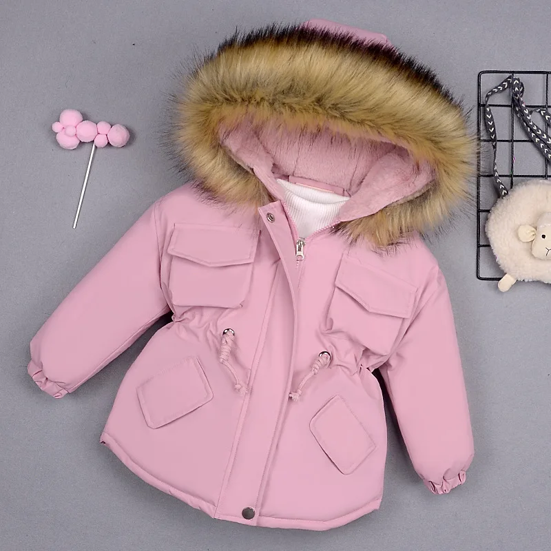 pink Русские детские зимние куртки-пуховики для девочек, теплые пуховые парки с меховым воротником для девочек, верхняя одежда, пальто От 2 до 8 лет - Цвет: pink