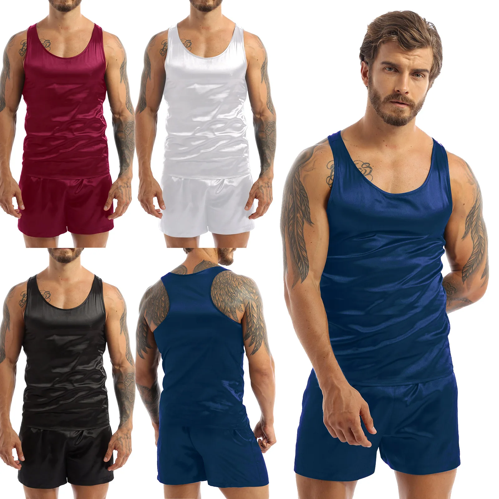 Fashion Men's Pajamas Set Summer Satin Male Sleeveless Tank Top Shorts Sleepwear Loungewear Nightwear Homesuit Casual Homewear