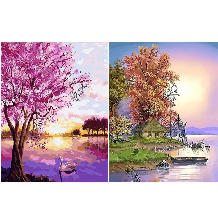 

30x40cm Christmas Red Tree Boat Decor Painting 5D Diamond Painting Living Room Bedroom Sunset Scenery Lake Decorative Painting
