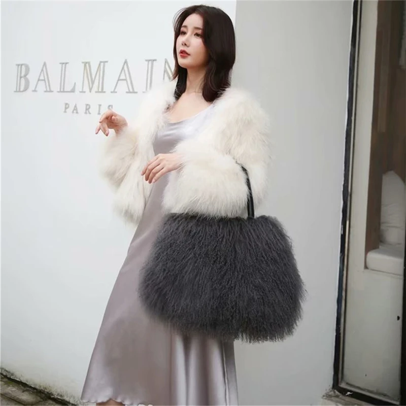 IANLAN Women Real Mongolian Sheep Fur Handbags Casual Ladies Fluffy Fur Tote Bags Genuine Cowhide Handle IL00555