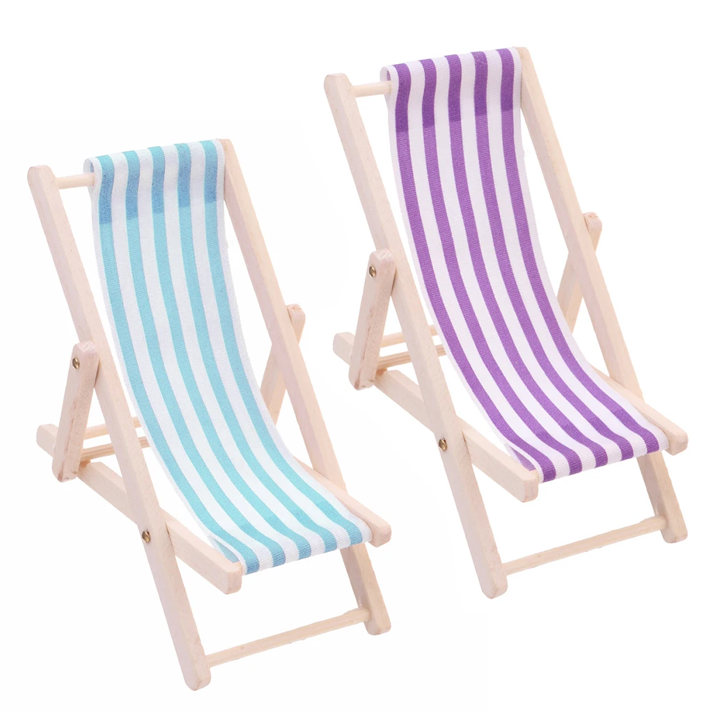2 Pieces Striped Wooden Lounge Chair Deckchair for 1/12 Dollhouse Miniature Furniture Kids Toys