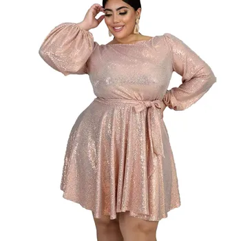 

Plus Size Dress Women Party Dress Sequined Long Sleeve Slash Neck High Waist A-Line Pink Dresses Wholesale Drop Shipping