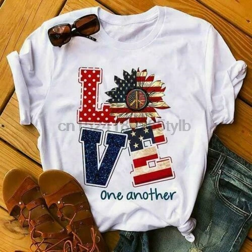 Sunflower American Flag Love One Another Ladies T-Shirt White Cotton S-3XL | Мужская одежда