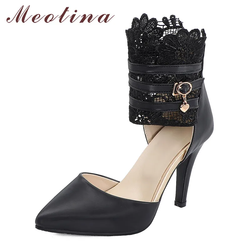 

Meotina High Heels Women Pumps Zipper Thin High Heels Ankle Warp Shoes Sexy Pointed Toe Party Shoes Female Spring Big Size 33-44