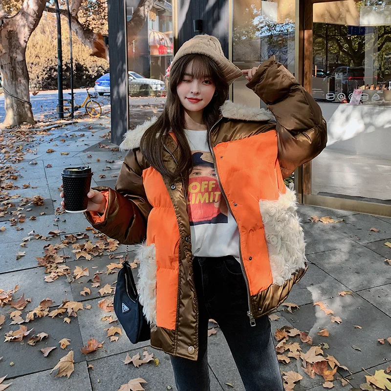 

White Duck Down Jackets Female 2023 Korean Loose Winter Overcoat Women Lamb Hair Rainbow Color Stitching Thicken New Bread Coats