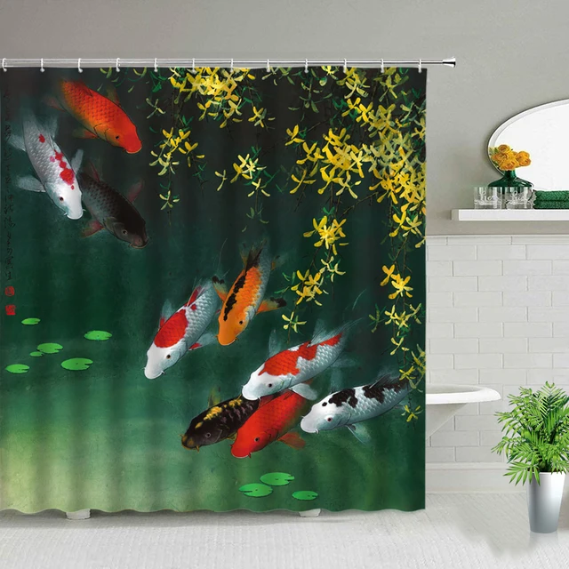 Cherry Blossoms Shower Curtain Koi Fish Japanese Pond Pink Flower Asian  Watercolor Carp Nature Fabric Bath Curtain Set with Hook