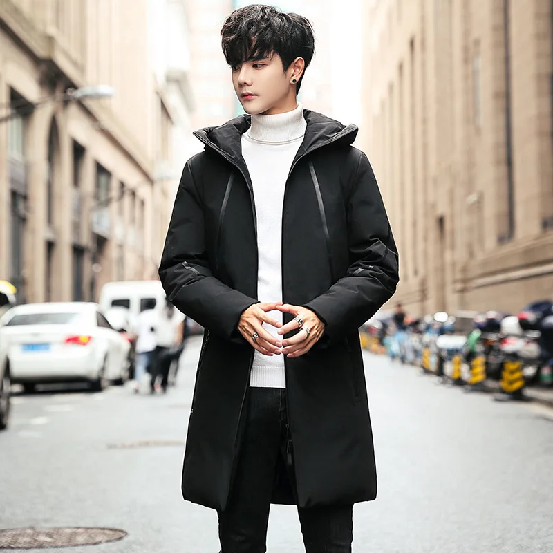 Winter down Jacket Men's Warm Cold White Duck down Mid-length MEN'S Hooded Jacket Comfortable Cool Stripes Men'S Wear