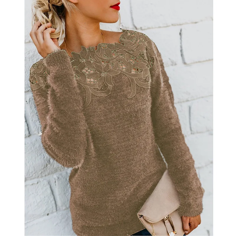 Женский флисовый свитер с кружевами в стиле пэтчворк, осенне-зимний пуловер с длинным рукавом, Женский пушистый теплый свитер размера d, топы размера плюс 5XL - Цвет: Coffee color 1