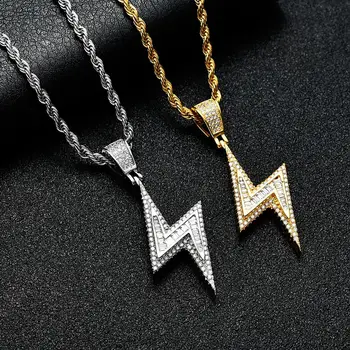 

Micro Paved AAA Cubic Zirconia Bling Iced Out Lightning Pendants Necklace for Women Hip Hop Rapper Jewelry Gold Silver Color