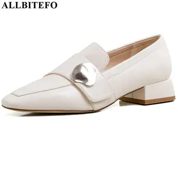 

ALLBITEFO comfortable low-heeled office high heel shoes nature genuine leather high heels elegant square toe women heels