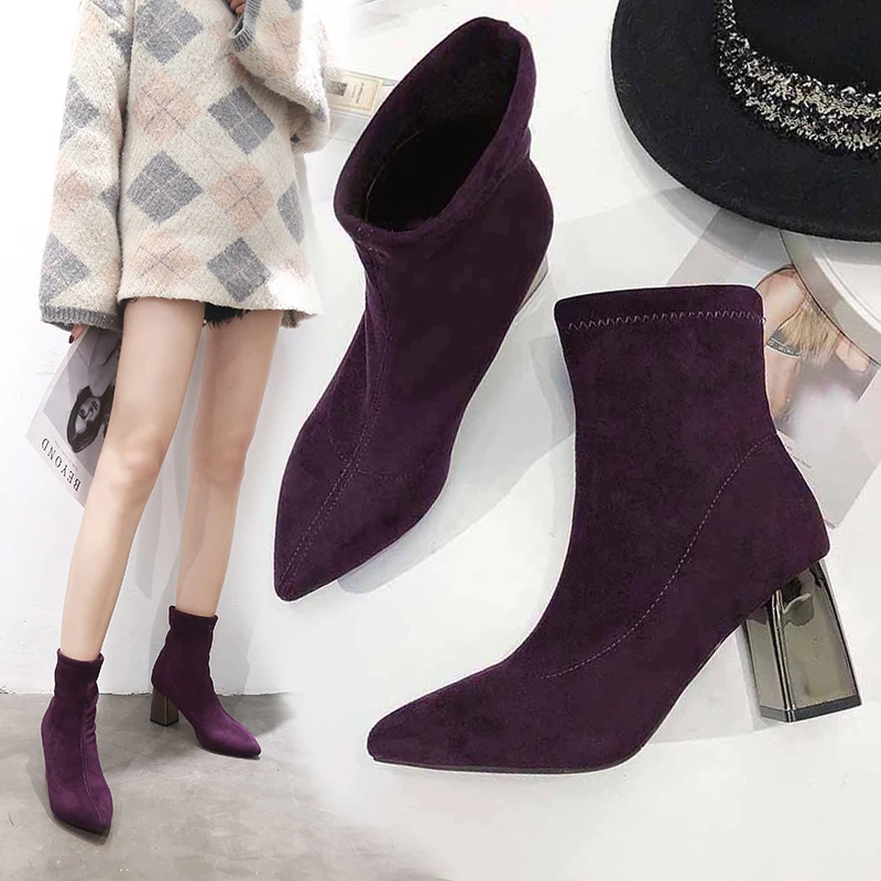 

2018 European elastic short ladies socks boots thick with pointed middle tube Martin boots plus velvet Women's boots high heels