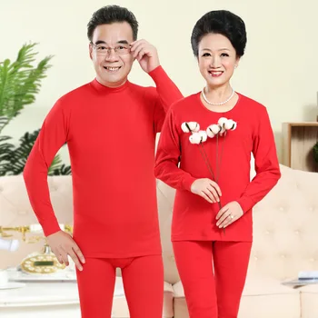 

red men and women Pure Cotton autumn clothes and trousers set, middle and old age round neck middle neck warm underwear