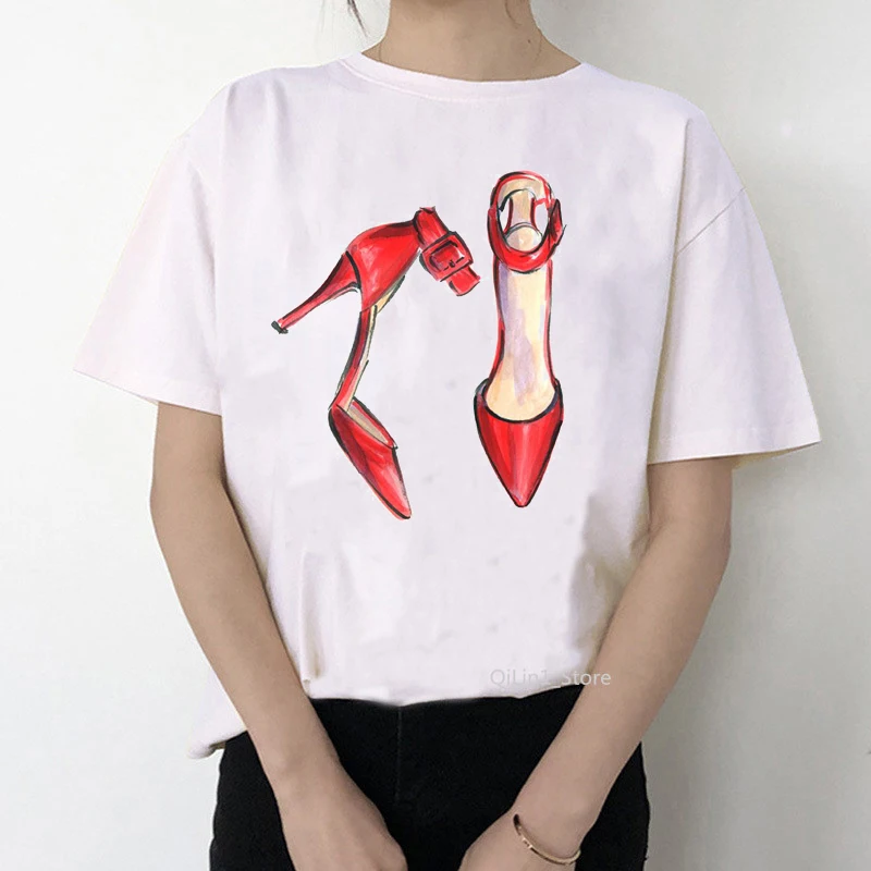 

Pink High Heel T Shirt Lady Luxury Make Up Paris Style T-Shirt Women Summer Short sleeve Tops tee Girl Hipster T-shirts gift