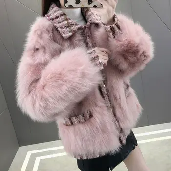 

Winter new imitation fox fur grass women loose tweed stitching short plush thick warm fashion jacket