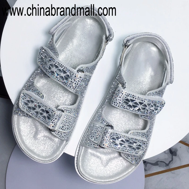 

2019 Summer Beach Sandals For Women Silver Flat Sandals High Quality Lady Leather Rhinestone Sandals