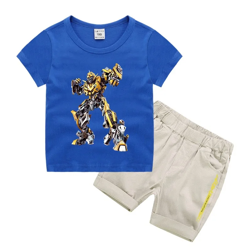 t shirt and shorts Комплект детской одежды для маленьких мальчиков, комплект одежды для детей, летний хлопковый спортивный костюм футболка с трансформером+ короткие штаны комплект из 2 предметов, От 3 до 11 лет - Цвет: t shirt and shorts