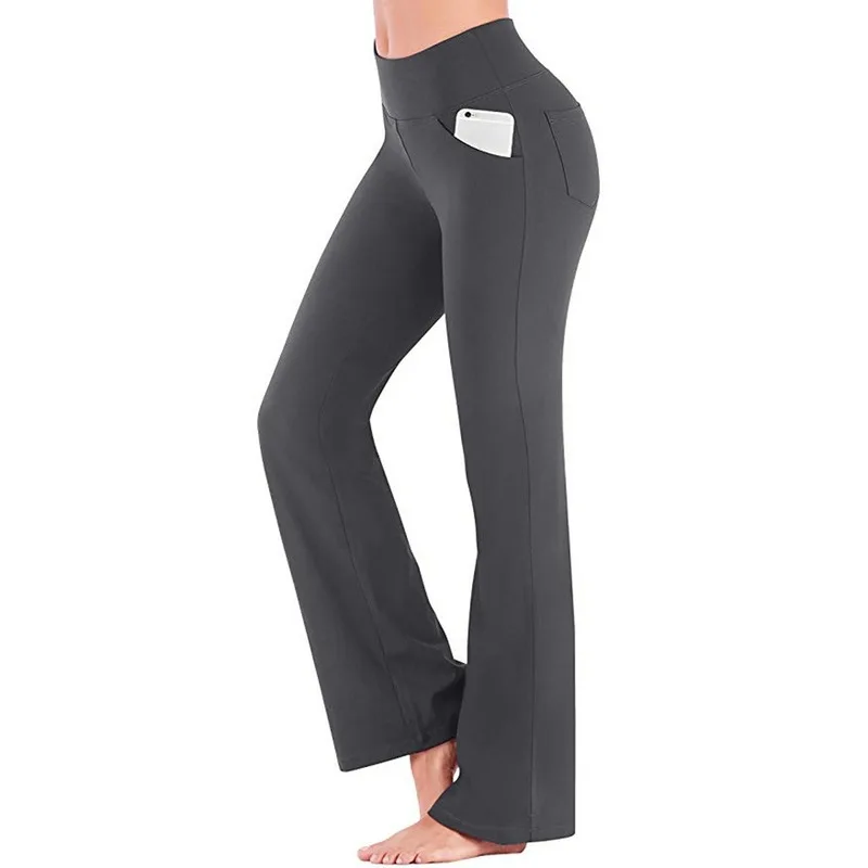 GOOHOJIO otoño Solid elegante mujer dama mujer Palazzo ancha acampanada asesino piernas pantalones de cintura alta Mujer elástico largo Pantalones
