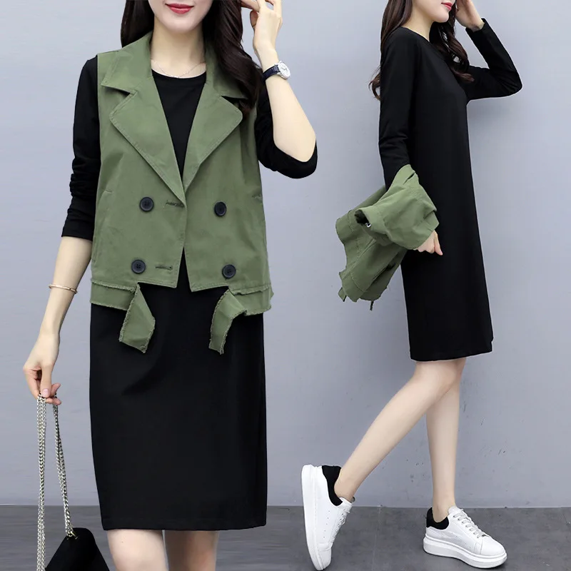 

2020 Spring Clothing New Style Large Size Dress Large GIRL'S Windbreaker Small Vest + Mid-length Jersey Dress Set