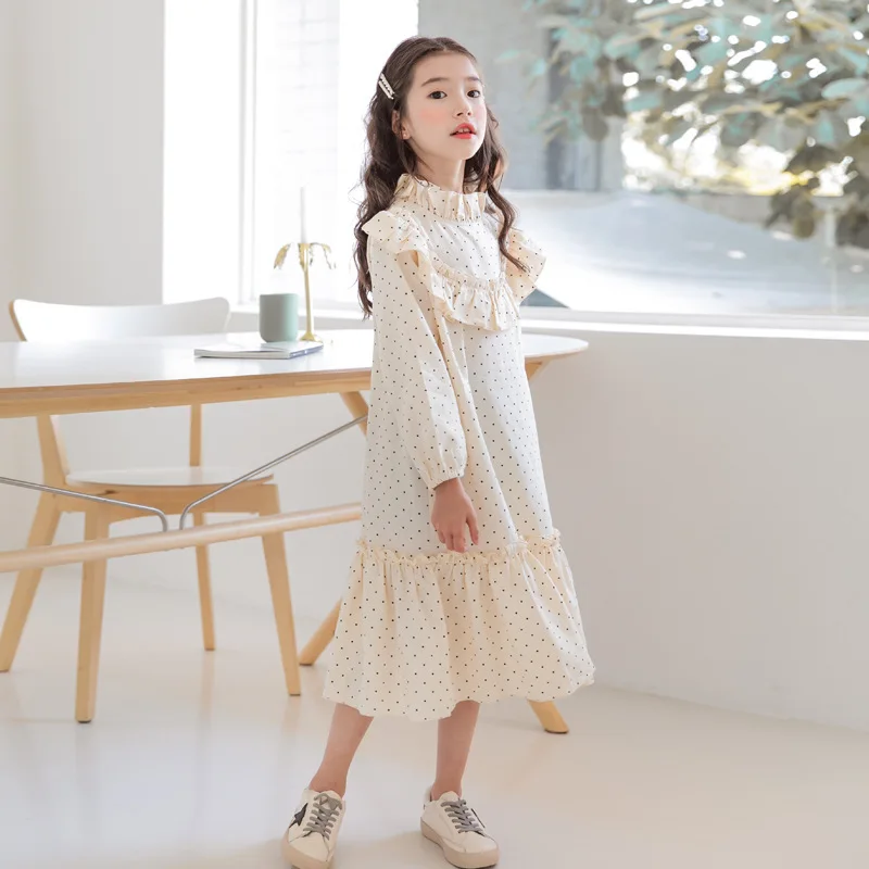 Новое длинное платье принцессы в горошек с длинными рукавами для девочек осенне-зимнее платье из хлопка с рыбьим хвостом для девочек 8, 10, 12 лет