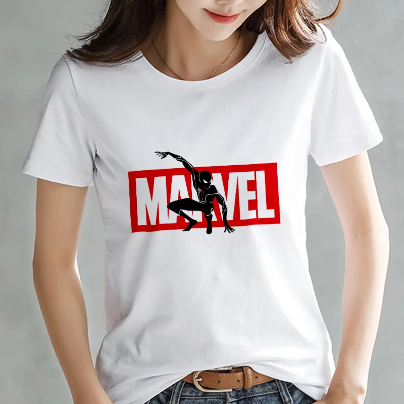 Модная женская футболка с принтом Мстителей Марвел Харадзюку, тонкая футболка с коротким рукавом, белые топы, женская одежда, футболка - Цвет: 17