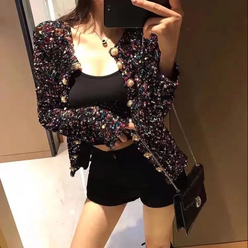 2021 Spring Autumn Short Jacket Women Heavy Industry Shiny Sequins Long-Sleeved Cardigan Fashion Blazer Outwear casaco feminino | Женская