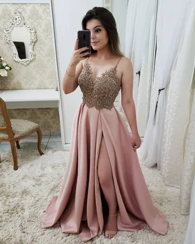 

Sexy Style High Split Prom Dresses 2020 Fashion Spaghetti Straps Beaded Appliques Lace Long Party Evening Gowns Customize