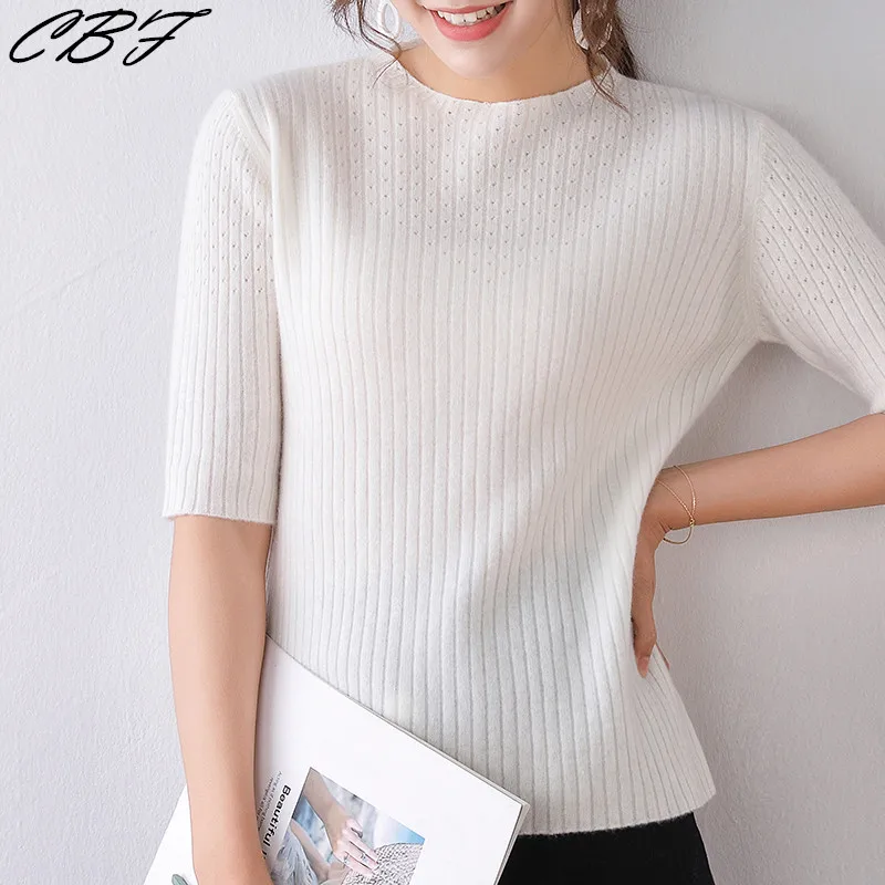 CBF Hot Sales Women Knitted 100% Wool Sweater Round collar Short sleeve High-quality Hollowing out Slimming style pullovers | Женская