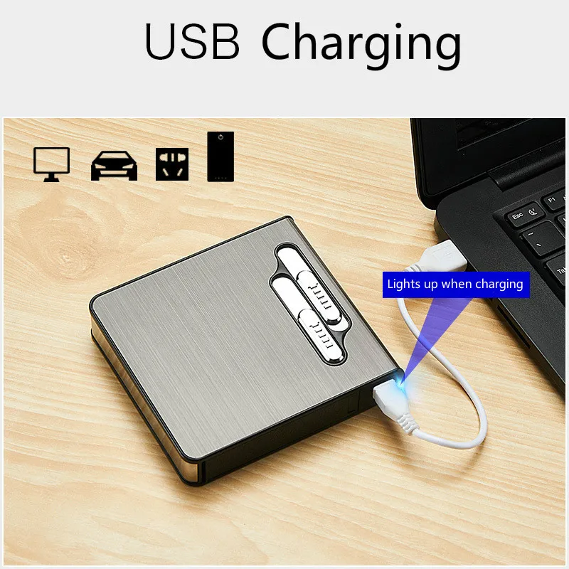 Креативный чехол для 20 сигарет, электронная USB Зажигалка, металлическая коробка для сигарет, ветрозащитные автоматические всплывающие зажигалки