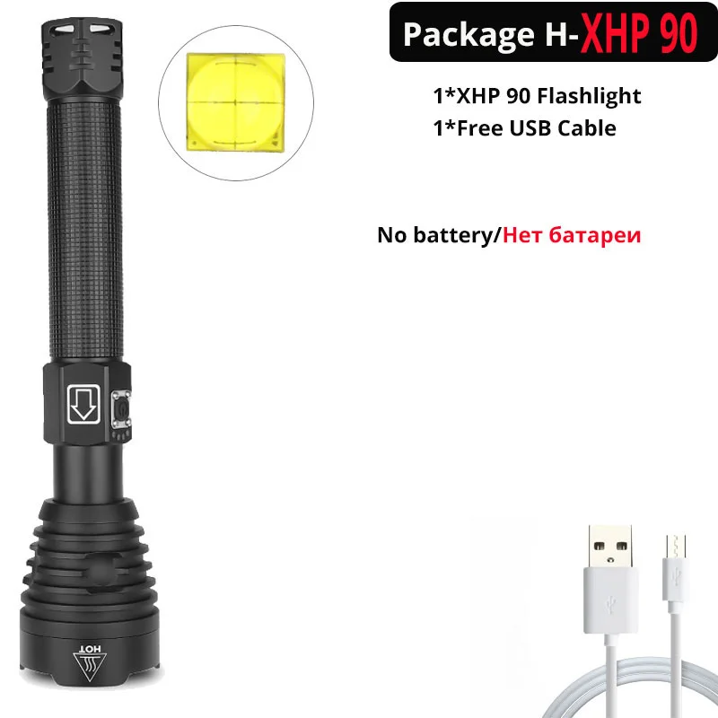 Package H-XHP90 Яркий Перезаряжаемый светодиодный светильник-вспышка XHP70.2 XHP90, мощный фонарь, супер водонепроницаемый охотничий светильник с зумом, 18650 или 26650 Battey - Испускаемый цвет: Package H-XHP90