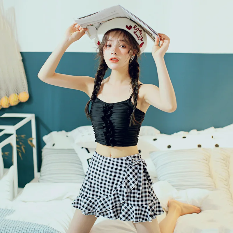 

Si man qi Two-piece Swimsuits Skirt-Conservative Frilled-Push up Students Hot Springs Tour Bathing Suit Women's Two-Piece Set