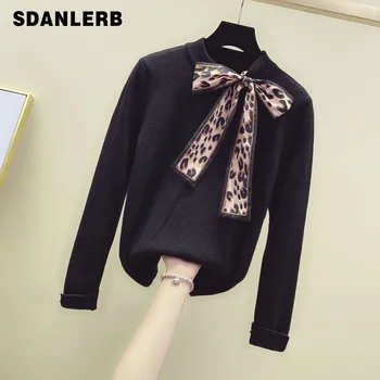 

Fall Winter New Women's Slim Fit Long Sleeve Leopard Print Scarf Bow Sweater Pullover Coat Knit Shirt Coats