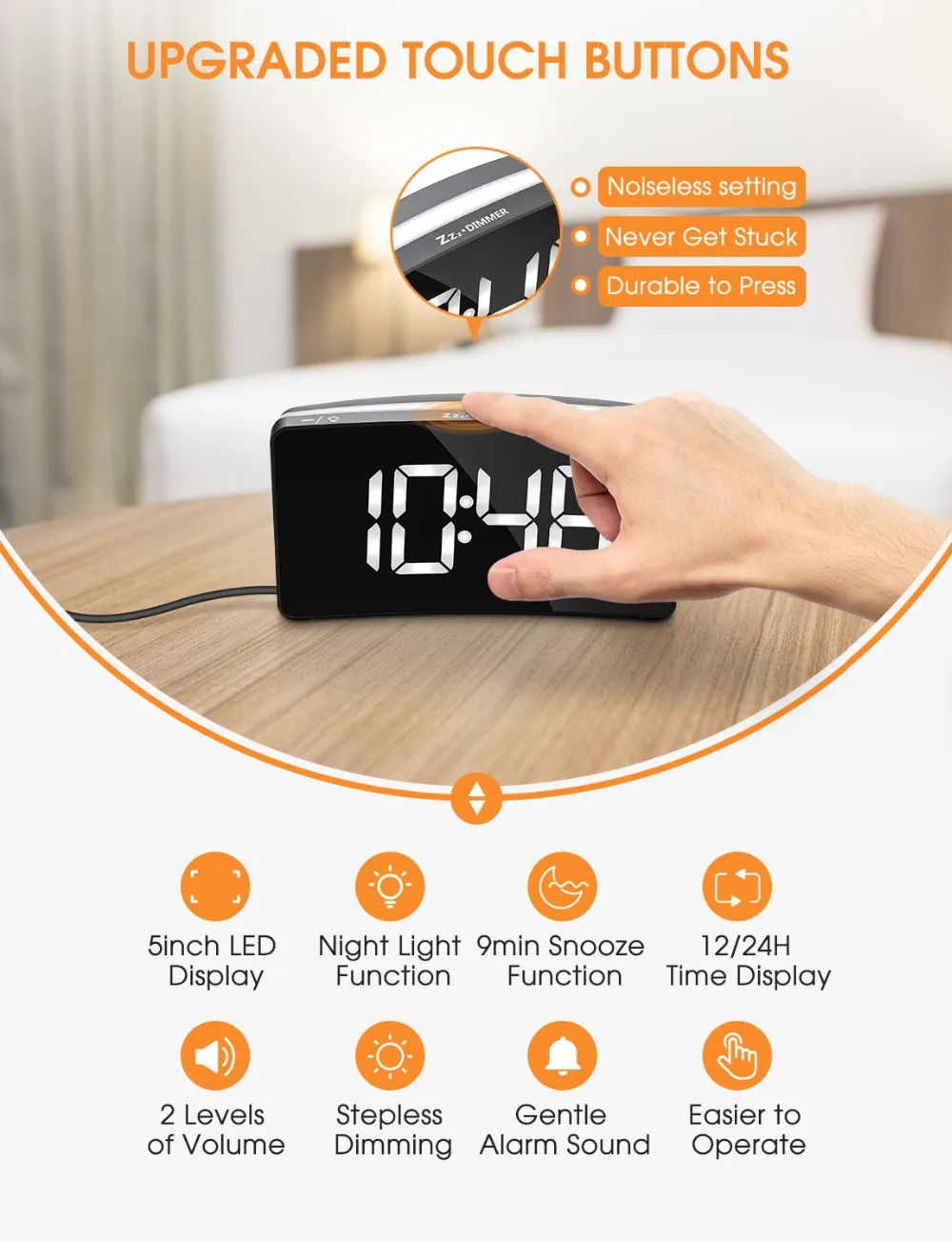 Mpow Модернизированный светодиодный цифровой будильник с ночным освещением сенсорное управление 5 дюймовый светодиодный дисплей функция повтора будильника для спальни