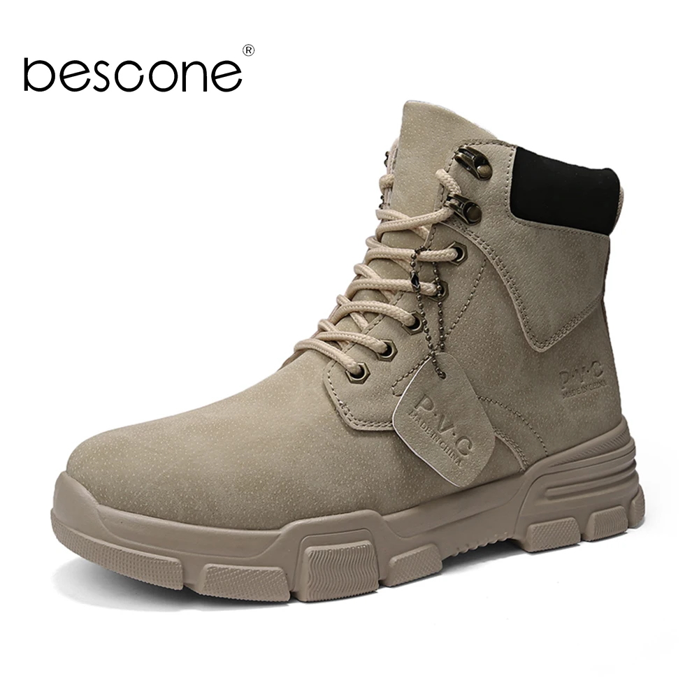 

BESCONE Men's Ankle Boots Spring High Quality Pigskin Lace Up Comfortable Outdoor High Top Footwear Walking Flat Shoes Male BK11