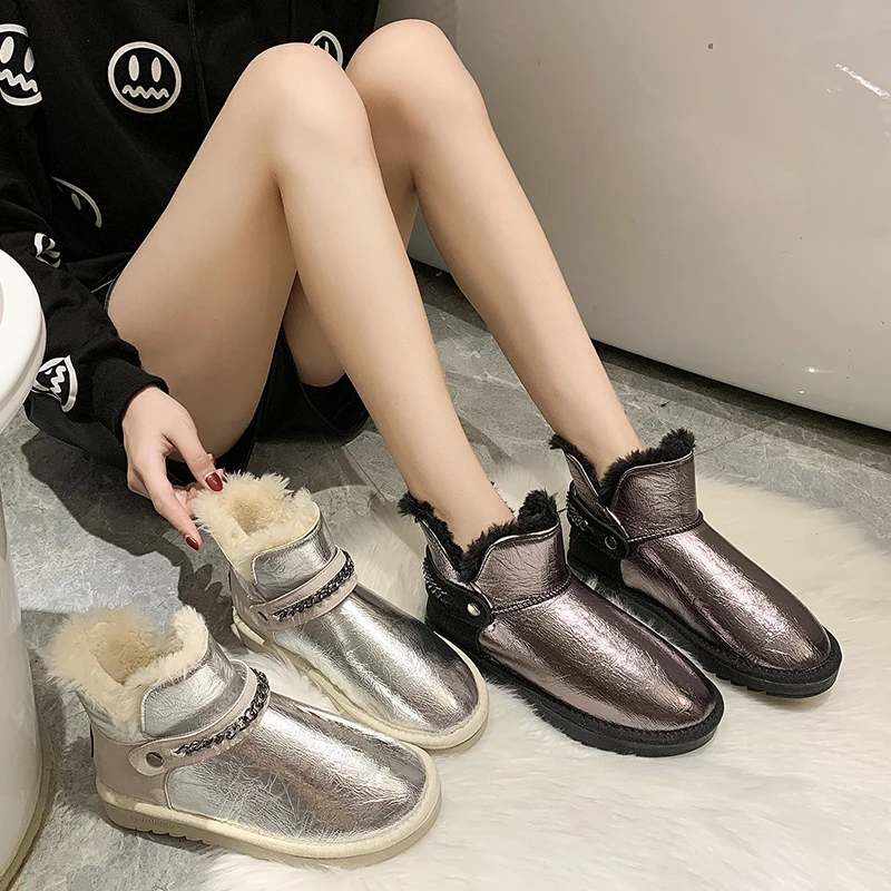 Rimocy fashion winter silver patent leather womens boots high platform thick long plush warm snow boots woemn cotton shoes