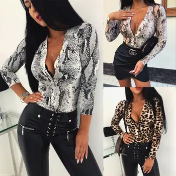 

Spring Autumn Sexy Leopard Skin Printed Bodysuit Women Long Sleeve Autumn Casual Jumpsuit Romper Slim V Neck Leotard Tops