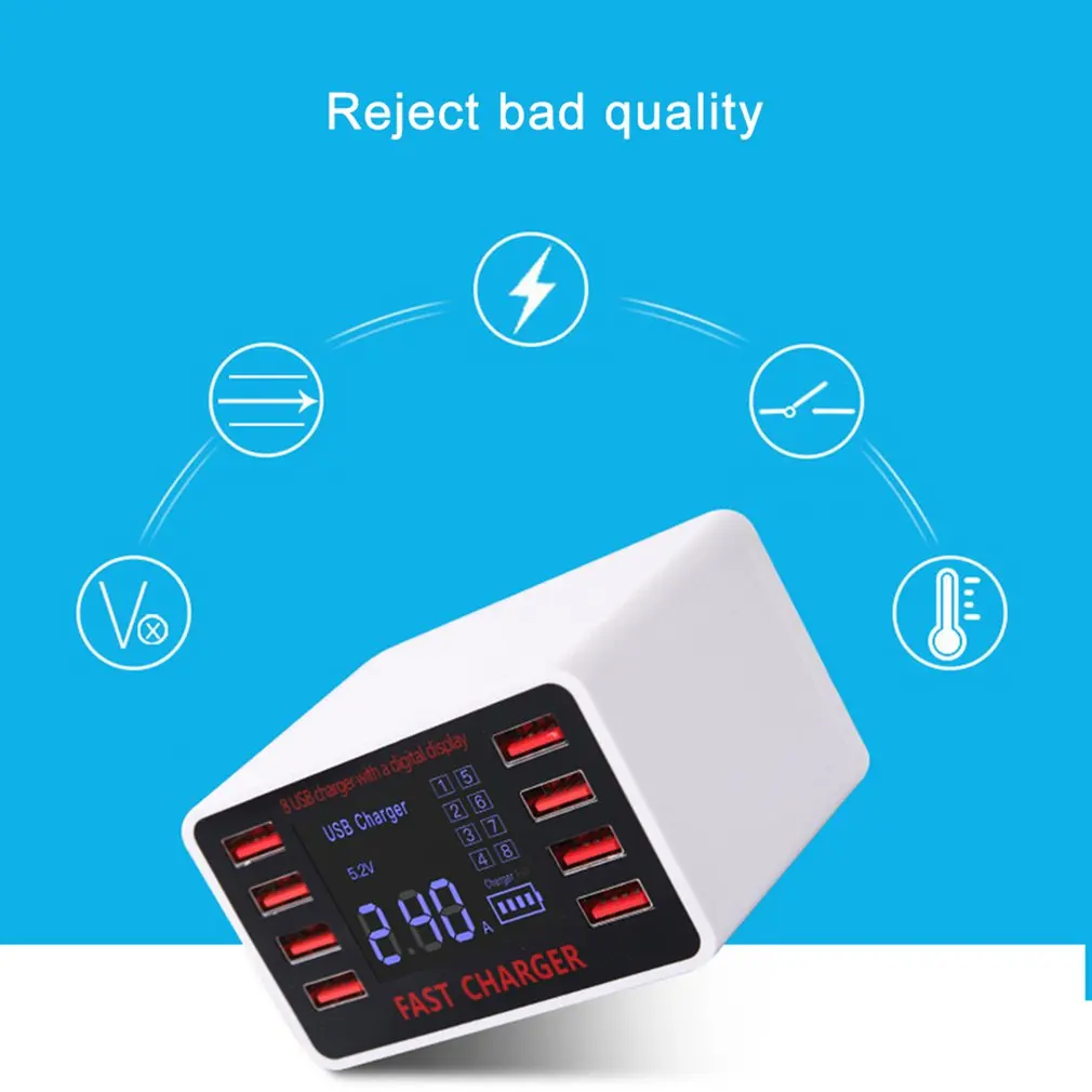 40W Multi-Port Charger LCD Display 8 Port USB Charging Station Power Adapter Universal Mobile Phone Desktop Wall Home