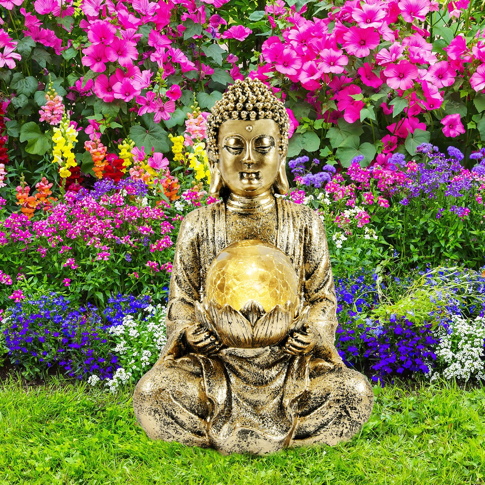 Goodeco Statue De Bouddha Doré Méditant - Sculpture De Jardin Zen - Décoration D'intérieur Et D'extérieur Pour Maison, Jardin, Terrasse, Porche, Cour, Polyrésine, 20 Cm