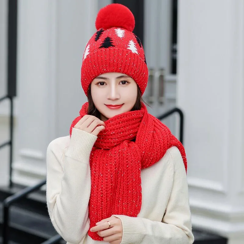 BINGYUANHAOXUAN новые зимние шапки вязаные толстые шерстяные теплые рождественские толстые наборы шарф шапка для женщин или девочек 2 шт. теплый комплект - Цвет: Hat scarf red