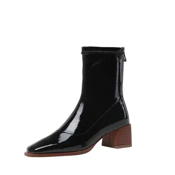 

Vintage Retro Superfine Fiber Women Ankle Boots 2020 Winter Square Toe Thick Heels Pumps Party Office Lady Shoes Woman