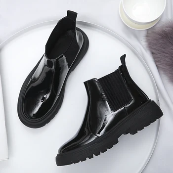

Genuine Leather Women thich low heels Ankle Boots Elastic Band Chelsea Boots Platform Boots Casual Shoes Woman