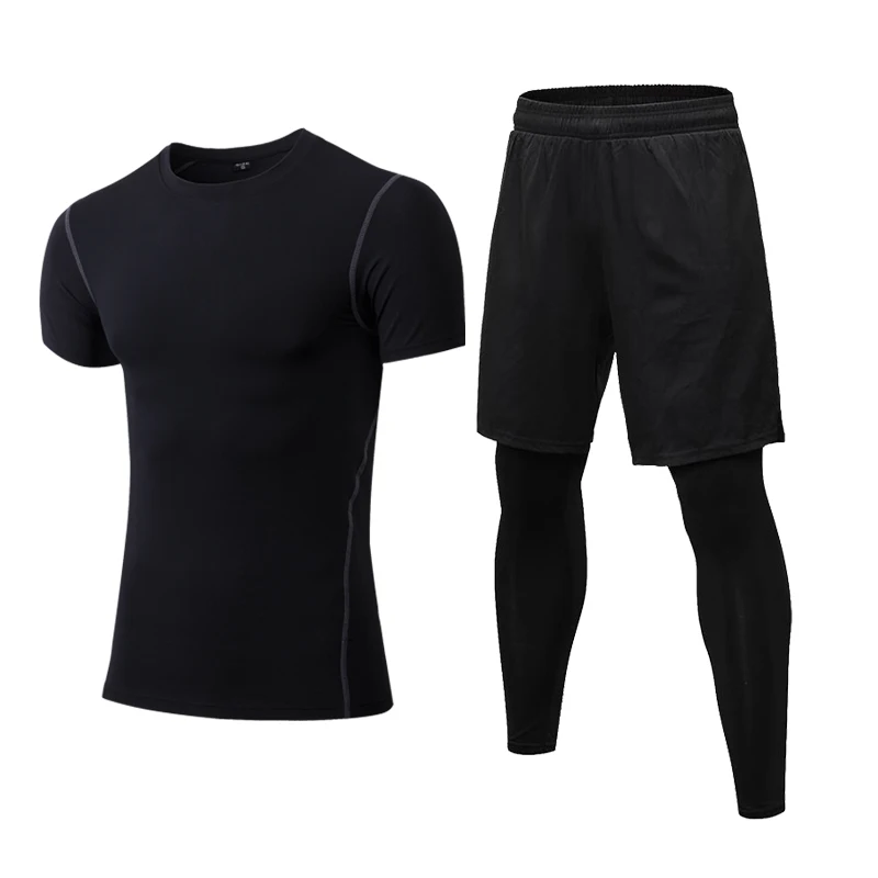 

HOT Men's Running Sets 2Pcs Fake Pants Summer Tees Gym Tights Compression Tracksuit Jogging Fitness Sportswear Sports Suit 2XL