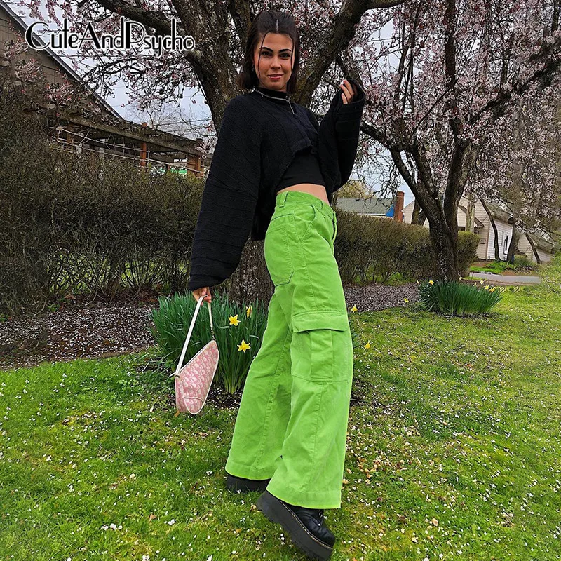 

Streetwear Casual Joggers Women Sweatpants Sportswear Big Pockets Corduroy Pants High Waisted Wide Leg Green Pants Cuteandpsycho