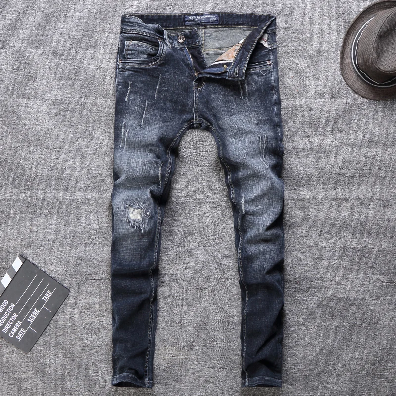 

Italian Style Fashion Men Jeans Vintage Designer Ripped Jeans For Men Retro Black Blue Slim Fit Streetwear Classical Jeans Homme