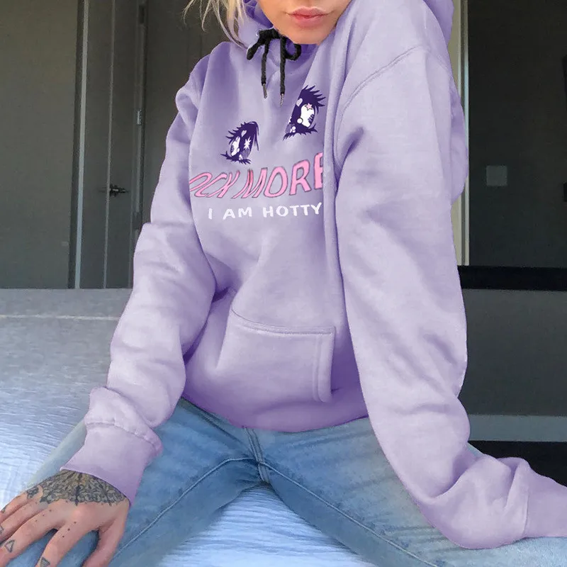 hirigin new Women’ s Sweatshirts Long-Sleeved Hooded Style with Cartoon Eyes and Letters Patterns Cute fashion | Женская одежда