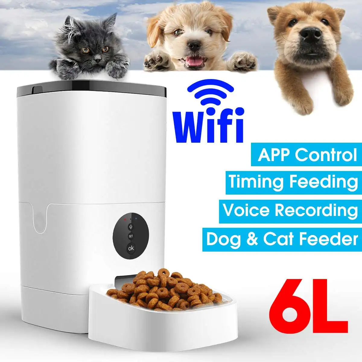 Large 6L Capacity Pet Automatic Feeder Smart Voice Recorder APP Control Timer Feeding Cat Dog Food Dispenser WiFi/Button Version