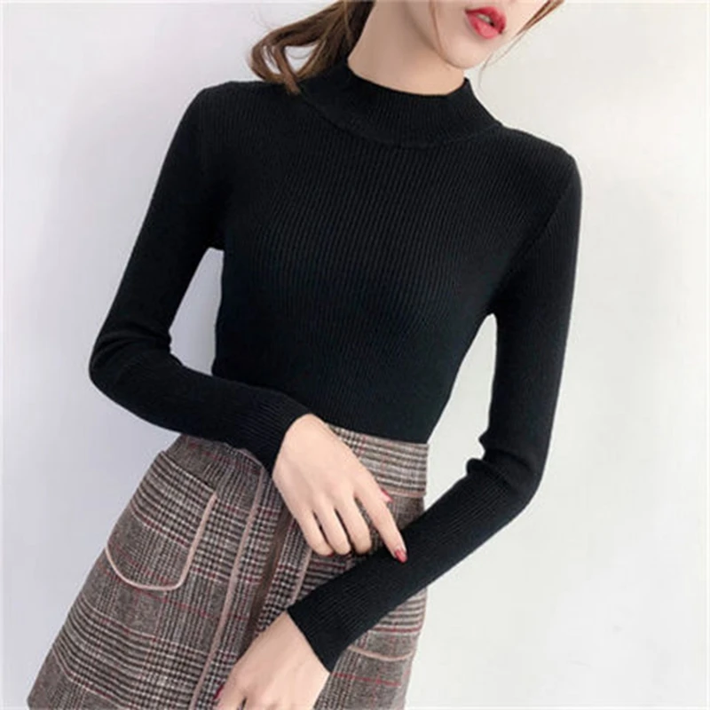 

Bottom Shirt Sweater Knit Women's Tops Tight-Fitting Half Turtleneck Pullover Fall/Winter Short Long Sleeves Thread Solid Color