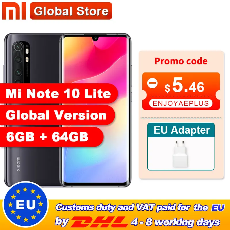  Глобальная версия смартфона xiaomi mi Note 10 Lite, 64 ГБ, 6 ГБ, Snapdragon 730G, Восьмиядерный, 5260 мАч, 6,47 дюйма, 64 мп, четыре камеры OLED 