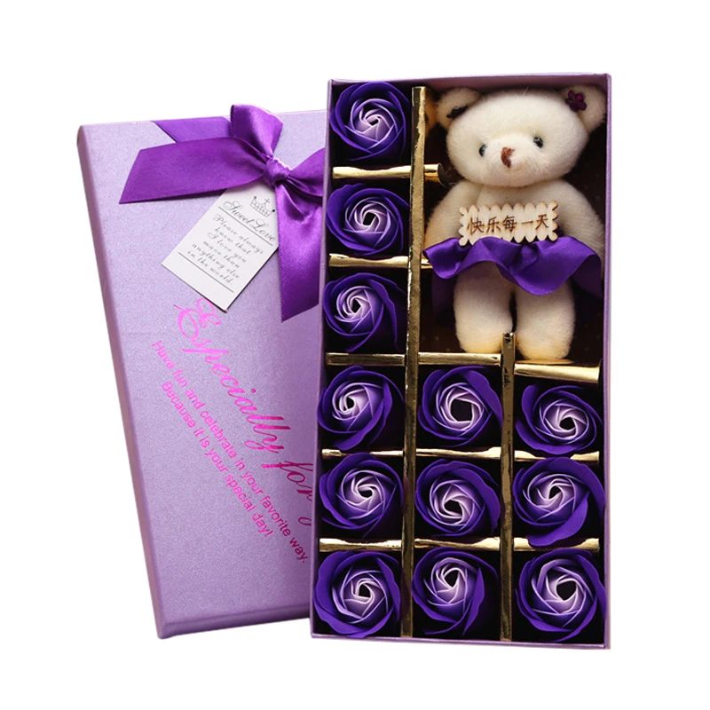 Различные стили розы цветы ароматическое мыло для ванной тела лепесток Парфюмированное Мыло с бантом упаковочная коробка креативный подарок на день Святого Валентина - Цвет: Purple 12pcs