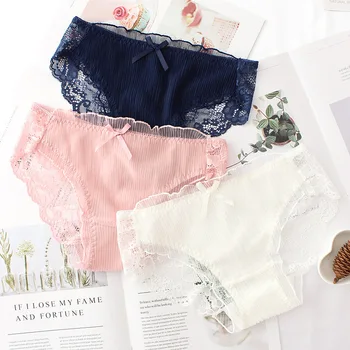 

Wasteheart Women Fashion Blue Pink Cotton Lace Trim Bow Low Waist Panties Underwear Female Briefs 3 Piece 3 Color Underpants