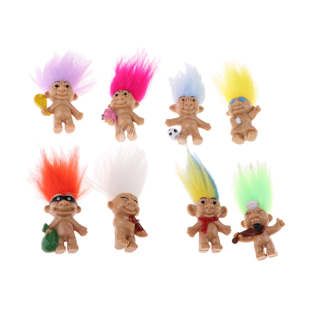 Vintage 8 Pieces Colorful Lucky Troll Doll Leprocauns Dollhouse Mini Figures Toy – Party Favors, Collections, Arts and Crafts